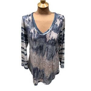 David Cline Women's V‎ Neck Tunic Top Size Large Blue Storm Marbled Artsy Boho